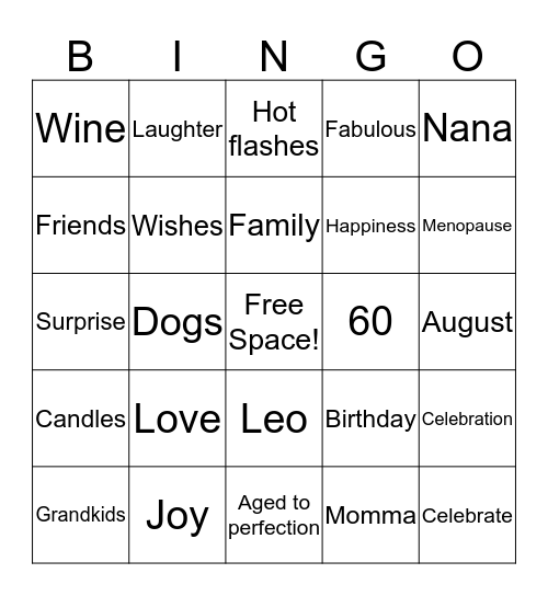 Sue's 60th Birthday Celebration! Bingo Card