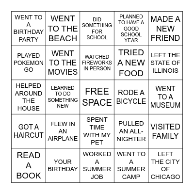 Summer Break Bingo Card