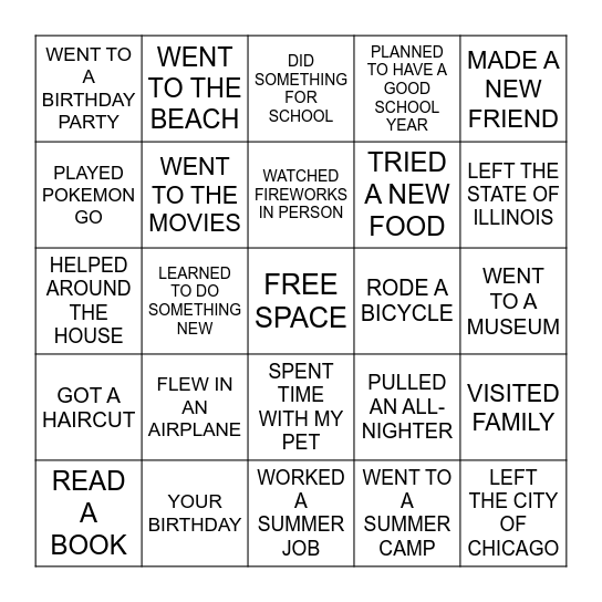 Summer Break Bingo Card