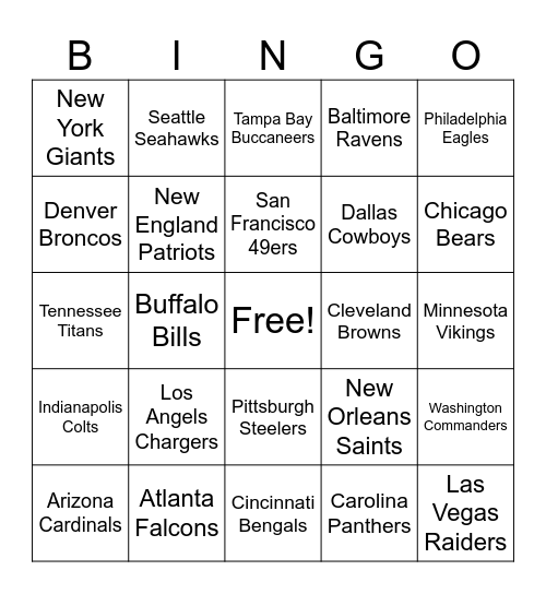 NFL BINGO Card