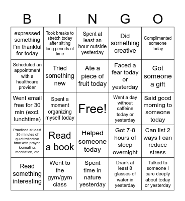 Wellness Wednesday Bingo Card