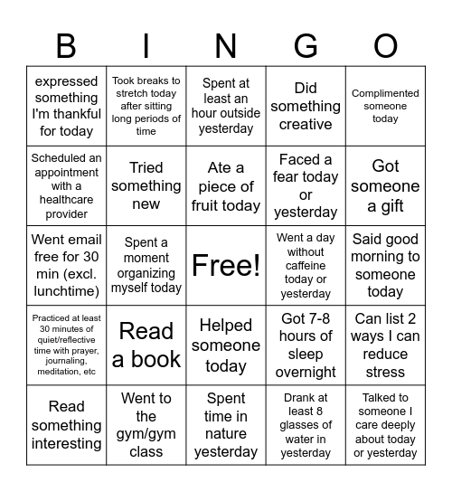 Wellness Wednesday Bingo Card