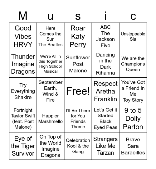 Back to School Music Bingo Card