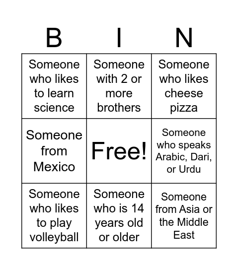 DH Newcomers BINGO Card