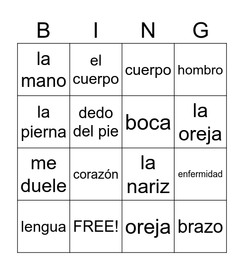 Body parts in Spanish Bingo Card