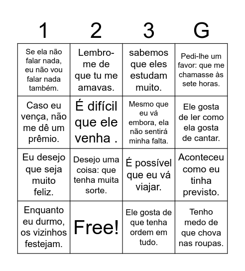 Orações Subordinadas Substantivas Bingo Card