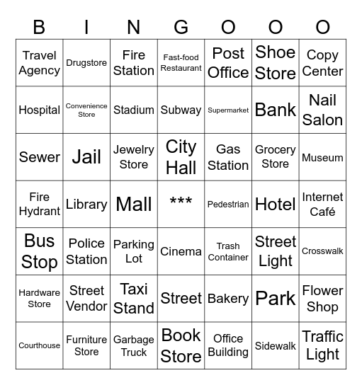 Places Around City Bingo Card