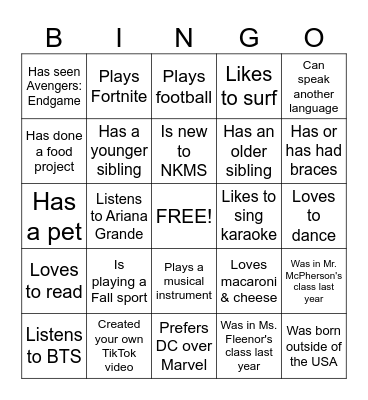 7th Grade Human Bingo Card