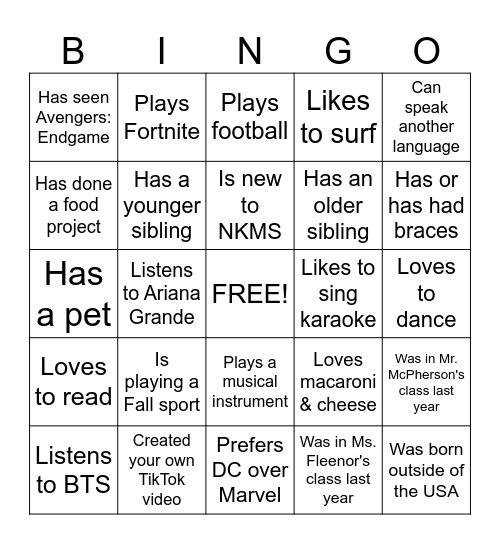 7th Grade Human Bingo Card