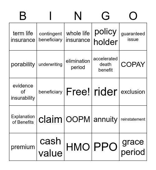 Health & Life Terms Bingo Card