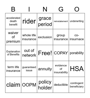 Health & Life Terms Bingo Card