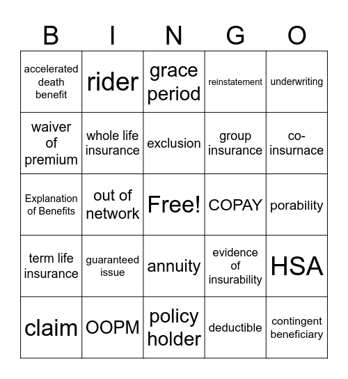 Health & Life Terms Bingo Card