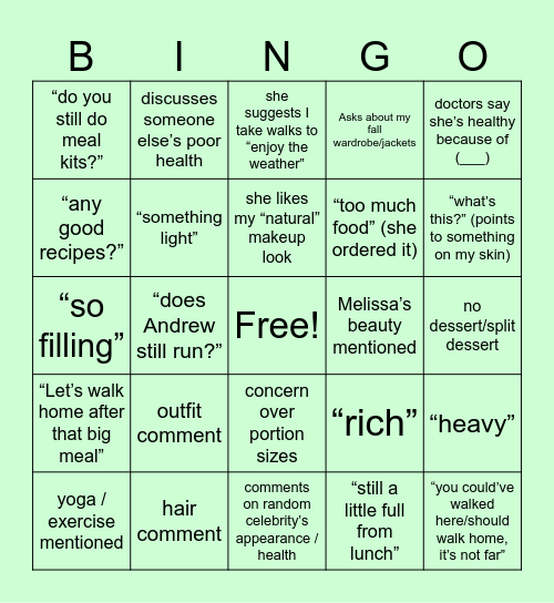 Dinner With Mom Bingo Card