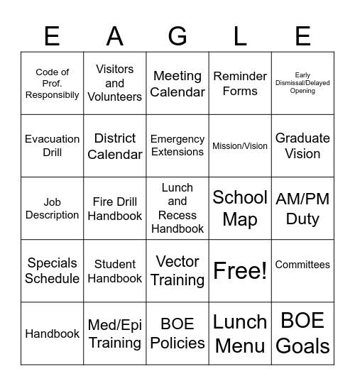 VES Welcome Back Bingo 2024 Bingo Card