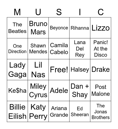 Bingo For Teens - Music Bingo Card