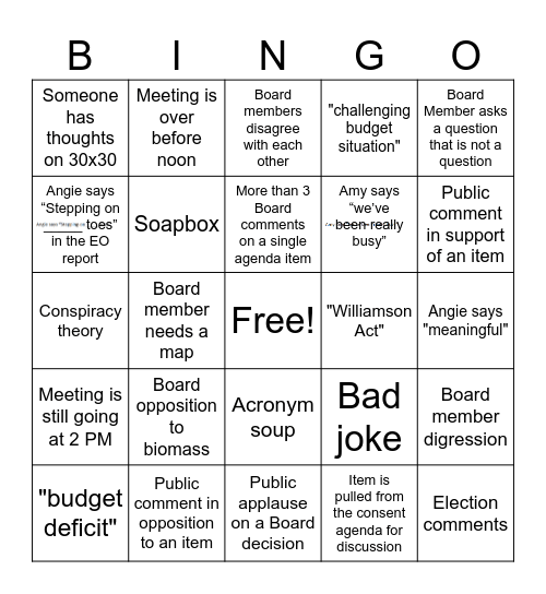 Board Meeting Bingo Card