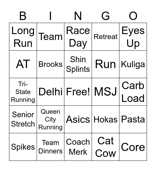Seton XC Bingo Card