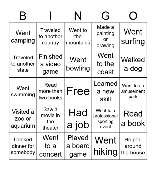 Summer Break Bingo Card