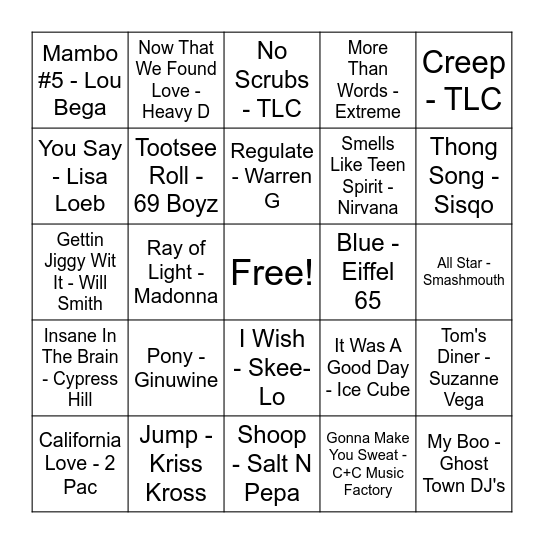 It's The 90's Bingo Card