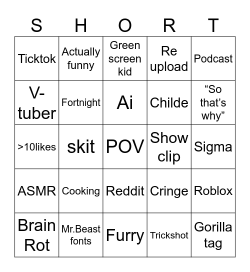 YouTube shorts Bingo Card