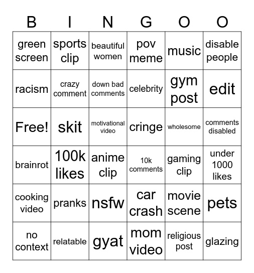 insta reels bingo Card