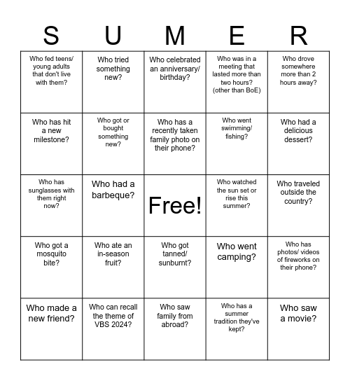 SUMMER Bingo Card