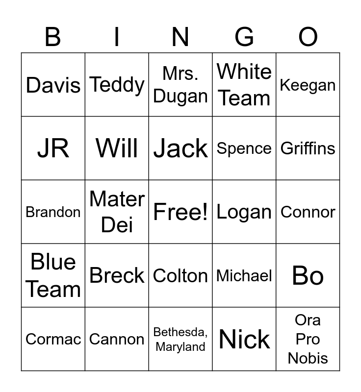 Mater Dei First Grade Bingo Card