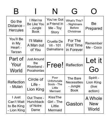 100 Best Disney Songs of All Time Bingo Card