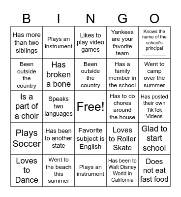 First Day of School Bingo Card