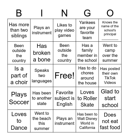 First Day of School Bingo Card