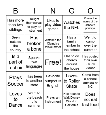 First Day of School Bingo Card