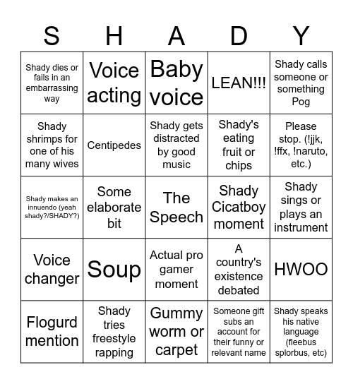 Shady Cicada Bingo v1.1 Bingo Card