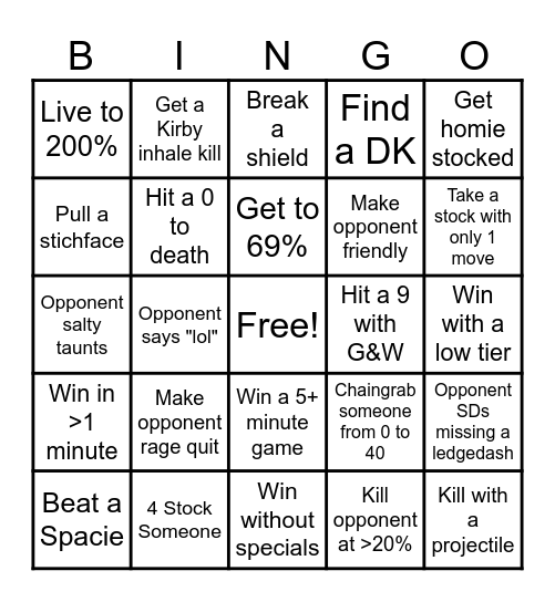 Melee Bingo Card