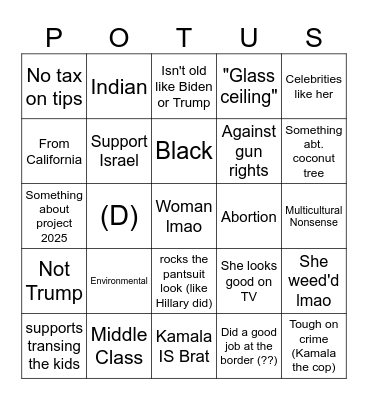 "What is your favorite policy of Kamala's?" Bingo Card