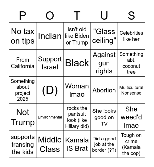 "What is your favorite policy of Kamala's?" Bingo Card