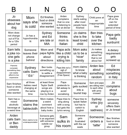 Heller Family Bingo: Italy Edition Bingo Card