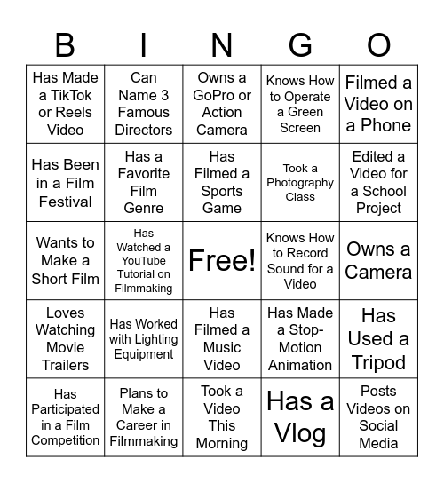 Videographer's Bingo Card