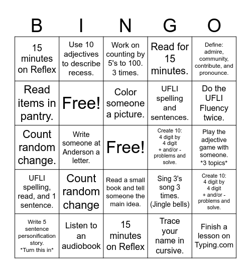 3rd Grade Homework Bingo Card