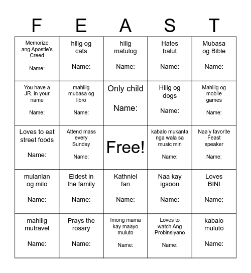 Ultimate Filipino Human Bingo Card