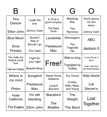 Rock n' Roll Bingo Card