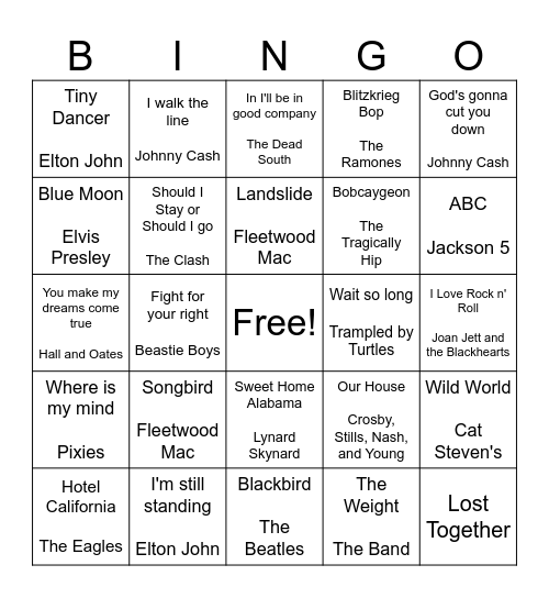 Rock n' Roll Bingo Card