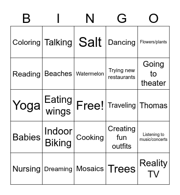 What Visha Likes BINGO card Bingo Card