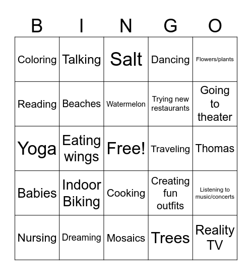 What Visha Likes BINGO card Bingo Card