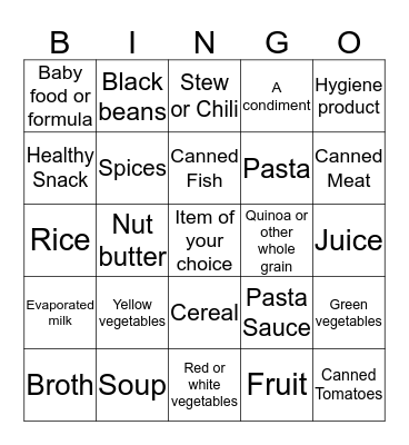 Food Drive Bingo Card