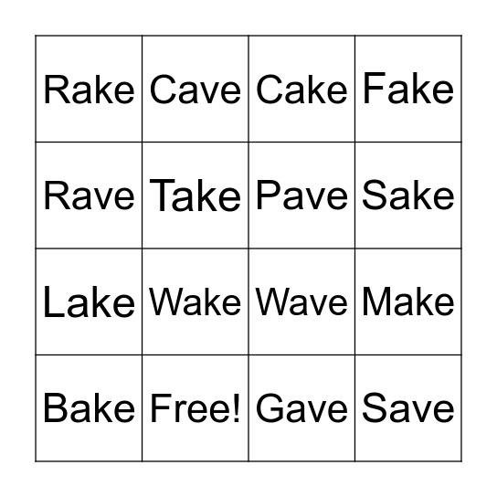 Phonics -AVE -AKE Bingo Card
