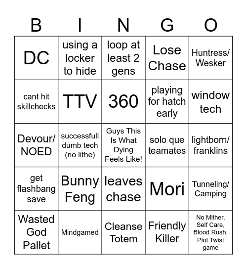 DBD Survivor Bingo Card