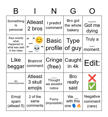 Youtube Comments Bingo Card