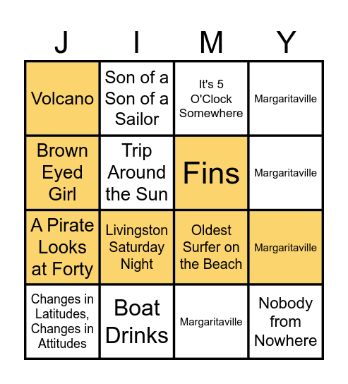 Jimmy Buffett Bingo Card