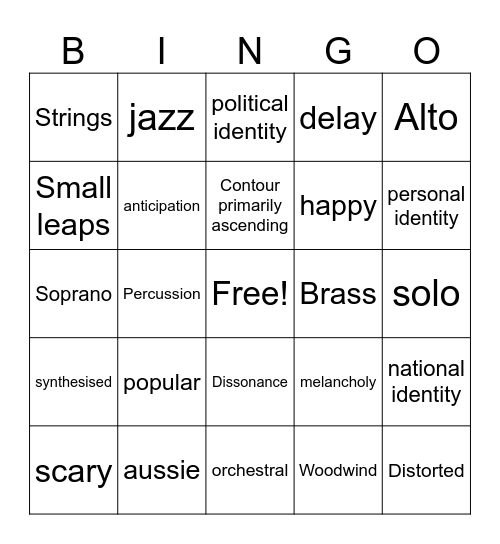 Elements of Music Bingo Card