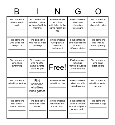 Find a Friend Bingo Card